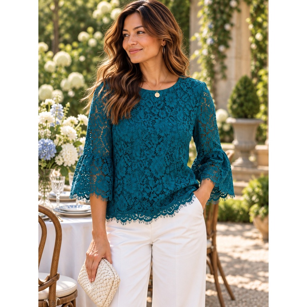 Draper James Grace & Charm Teal Blue Floral Lace Coquette Southern Blouse Top 10